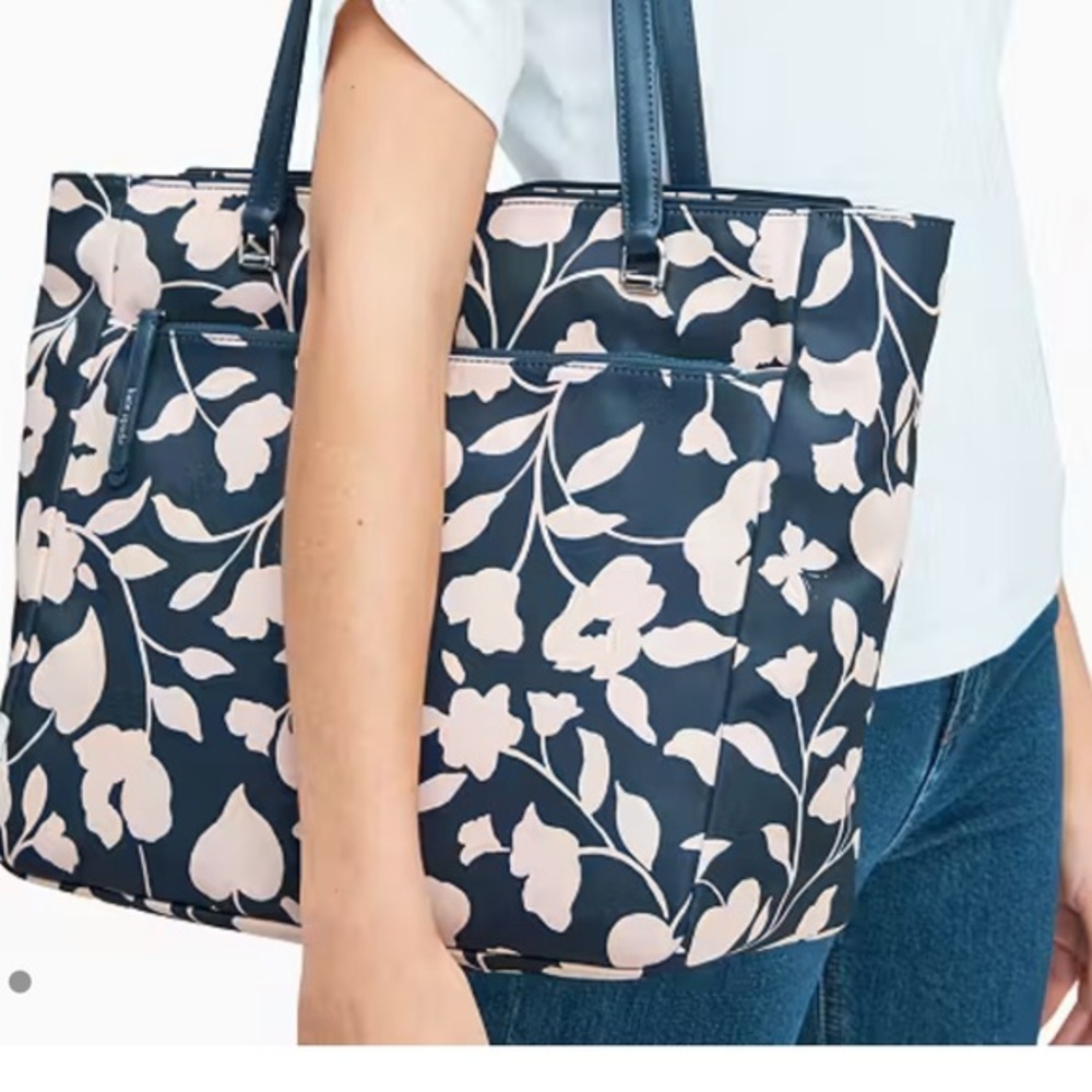 Kate Spade Jae Garden Vine Floral Navy and Rose Large Tote Bag with Wallet + Pen